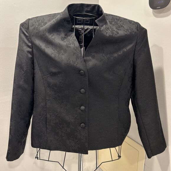 Laura Scott Women Petite 14p Black Jacquard Jacket Blazer Button Front Lined Pad - Picture 1 of 8